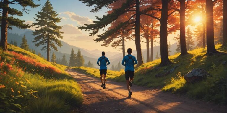 A runner on a scenic trail at sunrise, promoting daily running for health and fitness benefits.