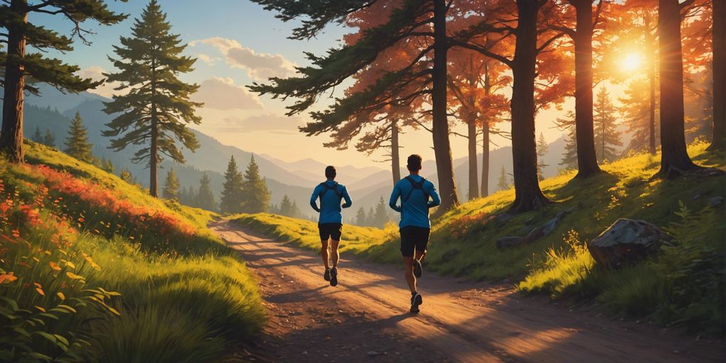 A runner on a scenic trail at sunrise, promoting daily running for health and fitness benefits.