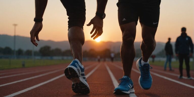 Runner performing a stretch on a track at sunset