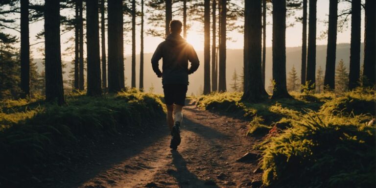 Person running on trail during sunrise, scenic view