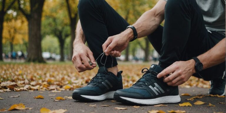 Person tying new running shoes on a park bench