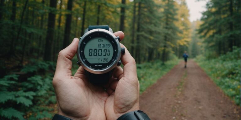 Person running on a trail with a stopwatch