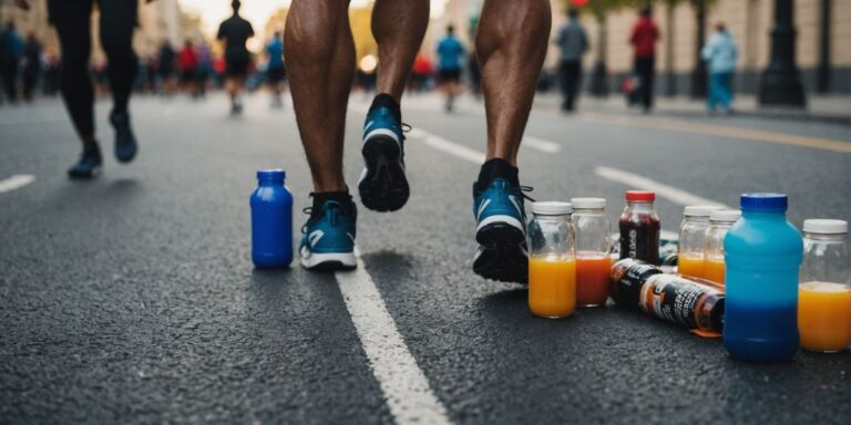 Marathon runner with energy foods and drinks for preparation