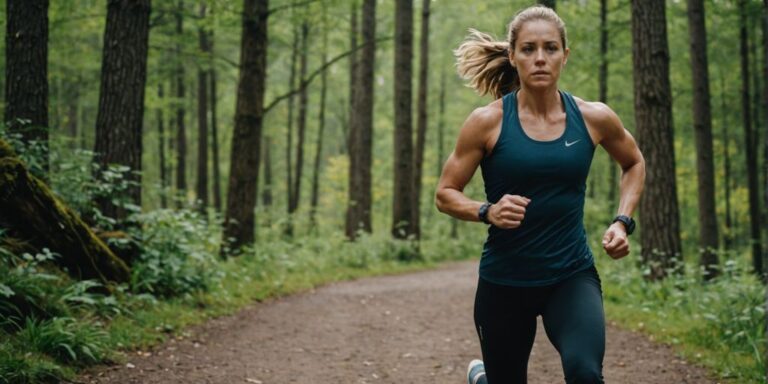 Runner doing lunges on a scenic outdoor trail