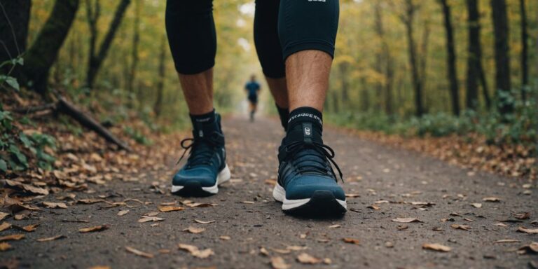 Ankle brace on runner's foot during trail run